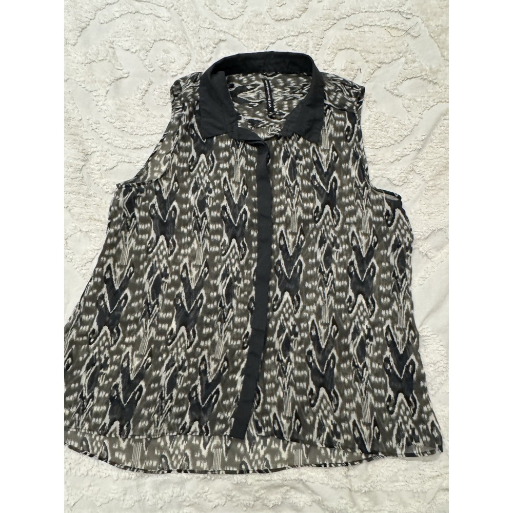 W118 By Walter Baker Black Gray print Sleeveless Tunic Blouse Button Up Sz. XL